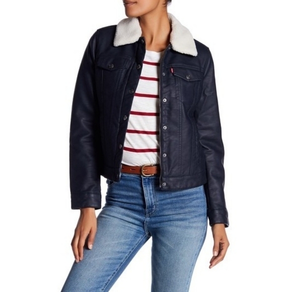 Levi's sherpa leather trucker jacket navy blue size XS (missing cuff snap) - Picture 1 of 8